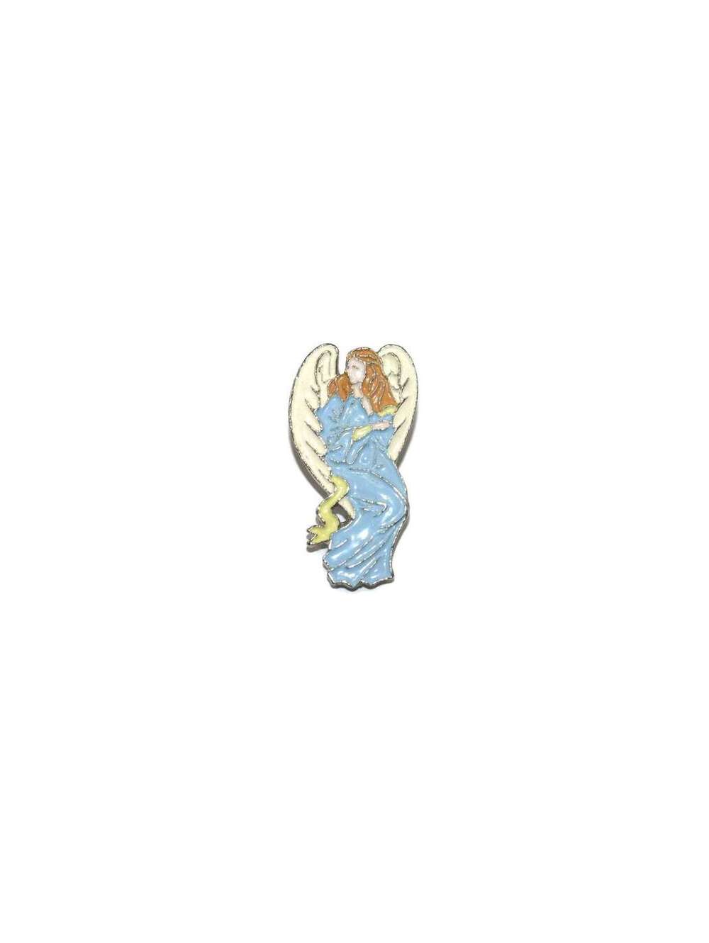 Vintage Silver Tone, Blue, White, Yellow and Red Enamel Guardian Angel Brooch.